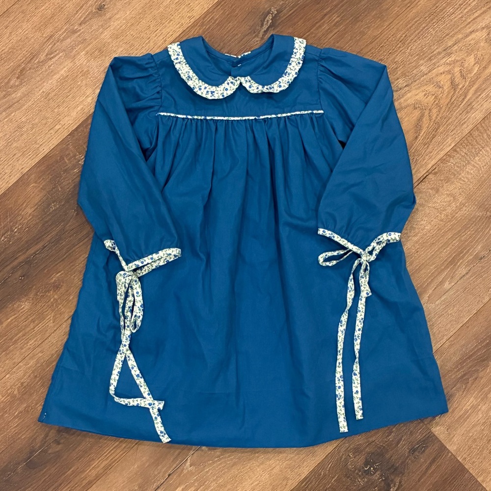 Remember Nguyen Blue Floral Pan Collar Lined Dress Outfit Long Sleeves 24m